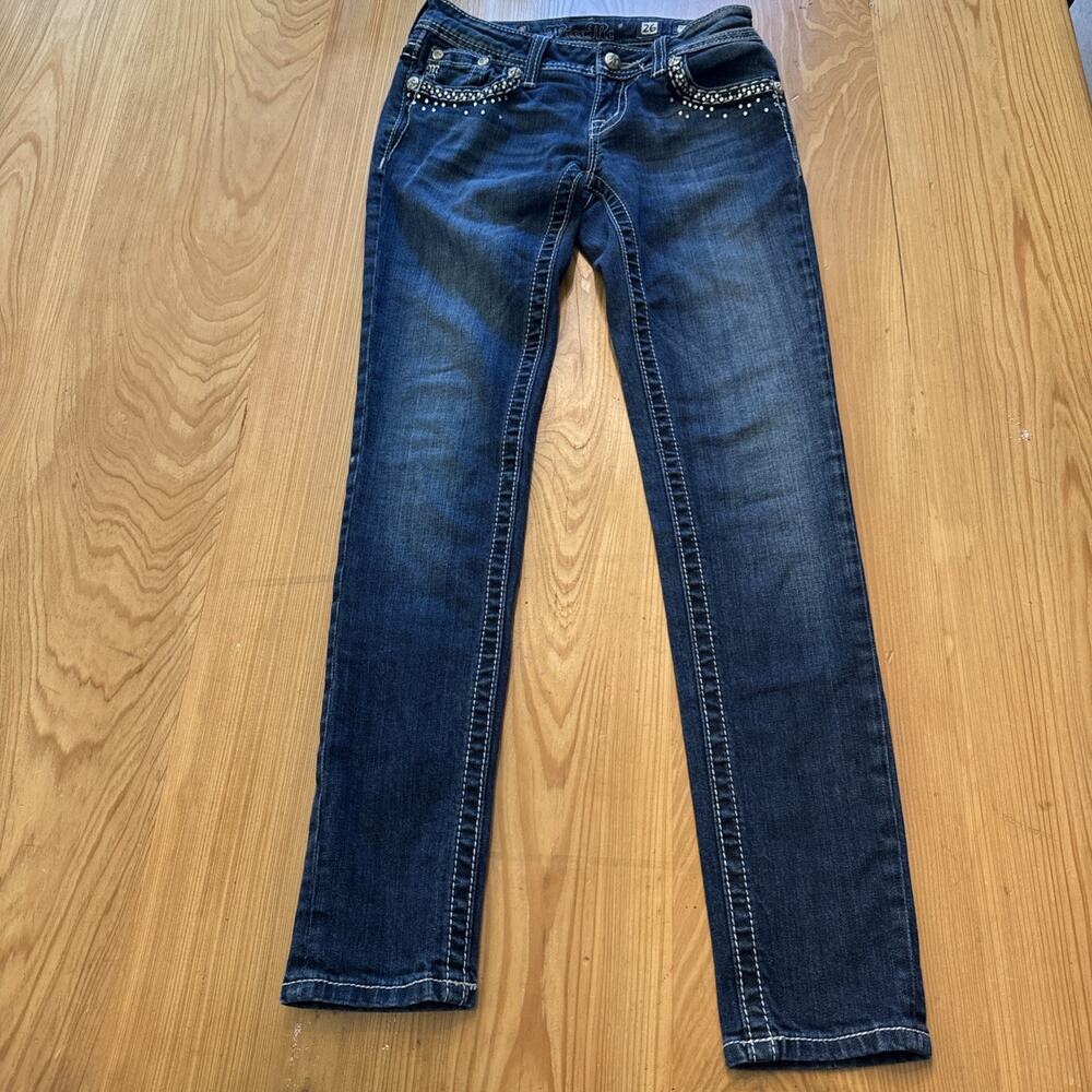 Miss Me Jeans 26 Low Rise Skinny Stretch Distressed Rhinestone Pocket Blue Denim